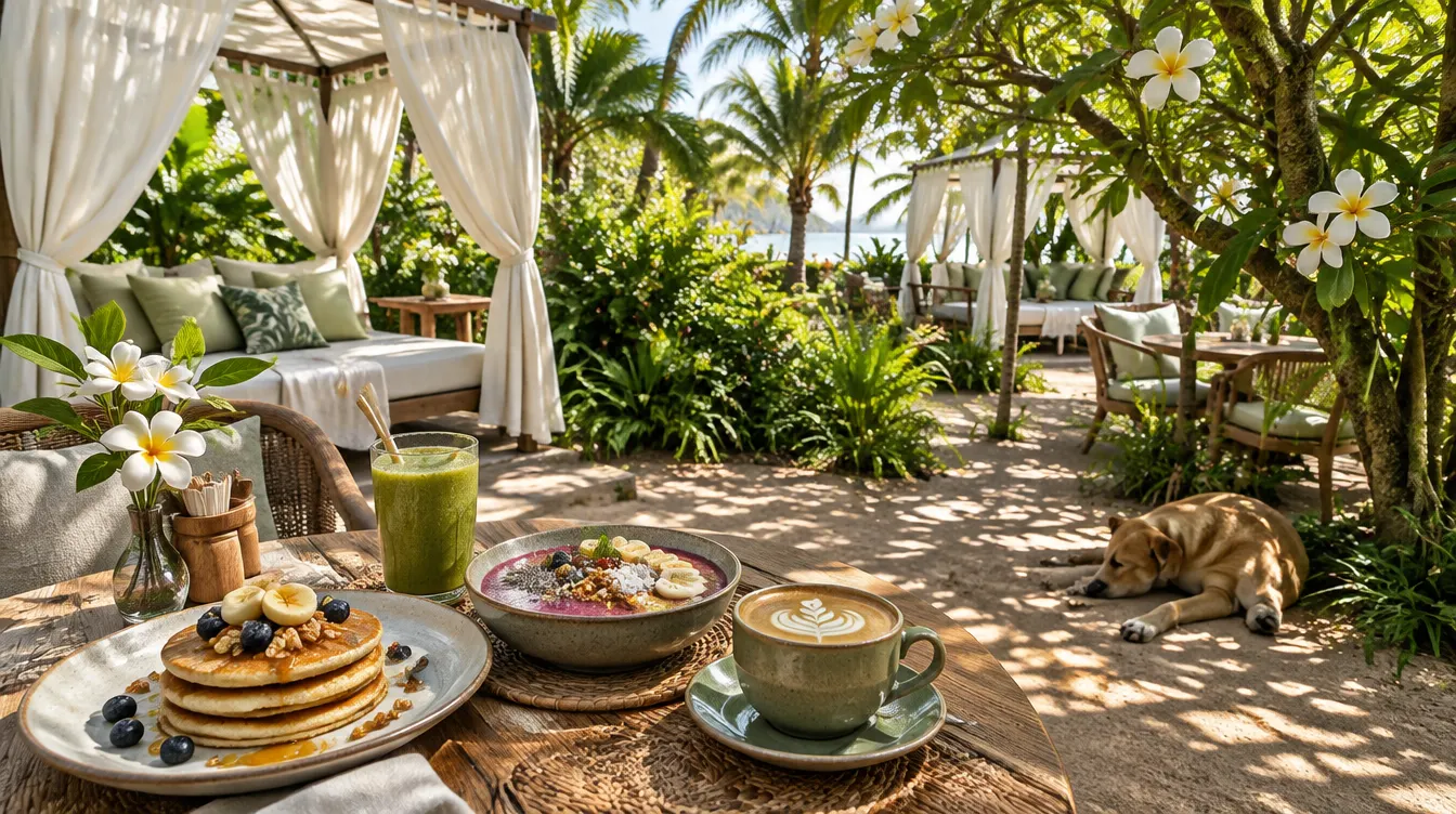 Garden café with cabanas and a brunch table